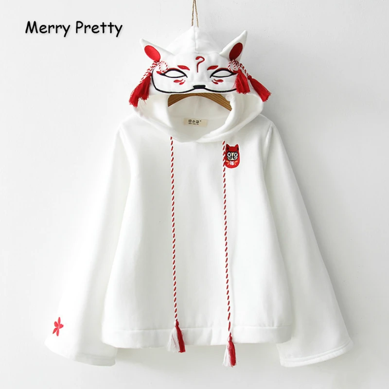 Женские толстовки с капюшоном Merry Pretty вышивкой в стиле Харадзюку черные и белые