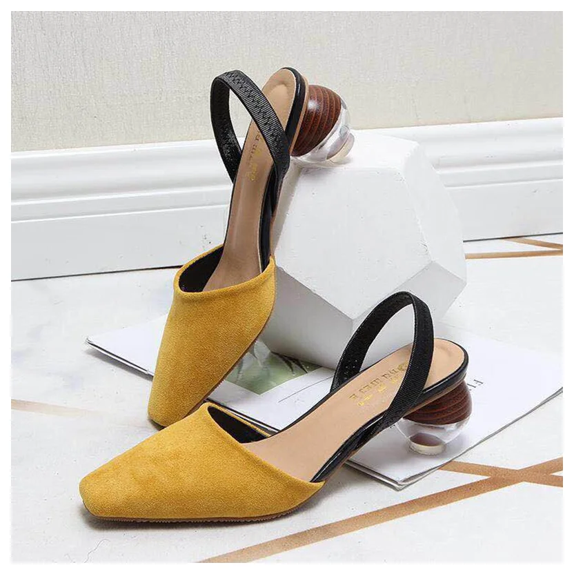 Women Sandals Fashion Crystal Round Ball Heels Ankle Straps Sandals Med Heel Wedding Party Shoes Mixed Color Square Toe Sandals - Цвет: Yellow