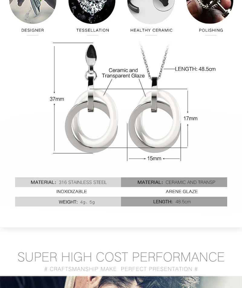 Простой дизайн, двойной круг, ювелирный набор, белый керамический стальной круг, висячие серьги, Трендовое ожерелье с подвеской, женские модные ювелирные изделия