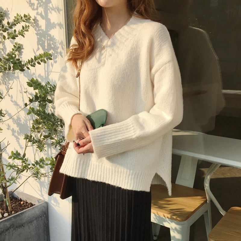 Womens Kawaii Ulzzang V Neck Sweater Lady Clothing Pullover Sweaters Knitted Jumper Female 