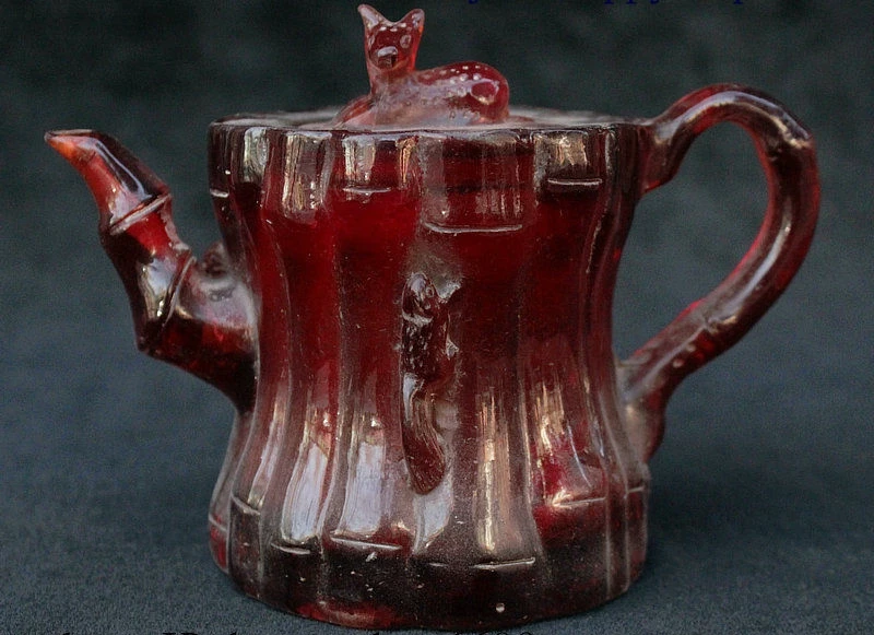 

6" Chinese Amber Carved Withered Tree Deer Pine Beast Wine Tea Pot Flagon Statue