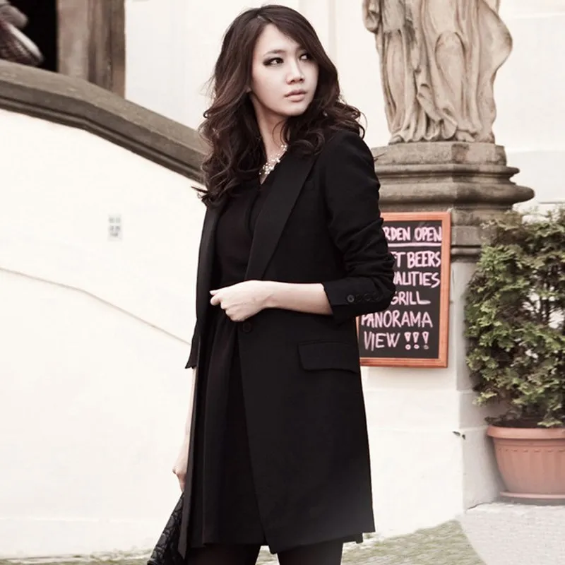 Spring Autumn 2015 Women Blazer Lapel Collar Long Sleeve Single Button Lady Black Work Long Jacket Coat feminino Bussiness Work