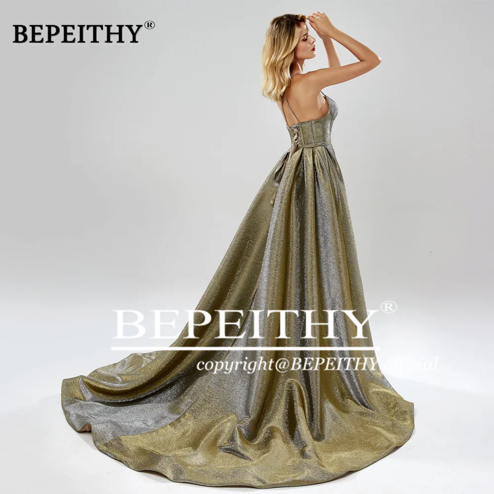 BEPEITHY Robe De Soiree Off The Shoulder Long Evening Dress Party Elegant With Slit 2020 Sweep Train Glitter Sexy Prom Gown