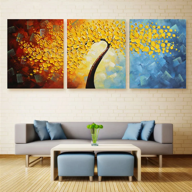

Pinturas Al Oleo Cuadros 3 Panels Frameless Pictures Handmade Oil Painting Yellow Trees On Canvas Home Decoration Pictures