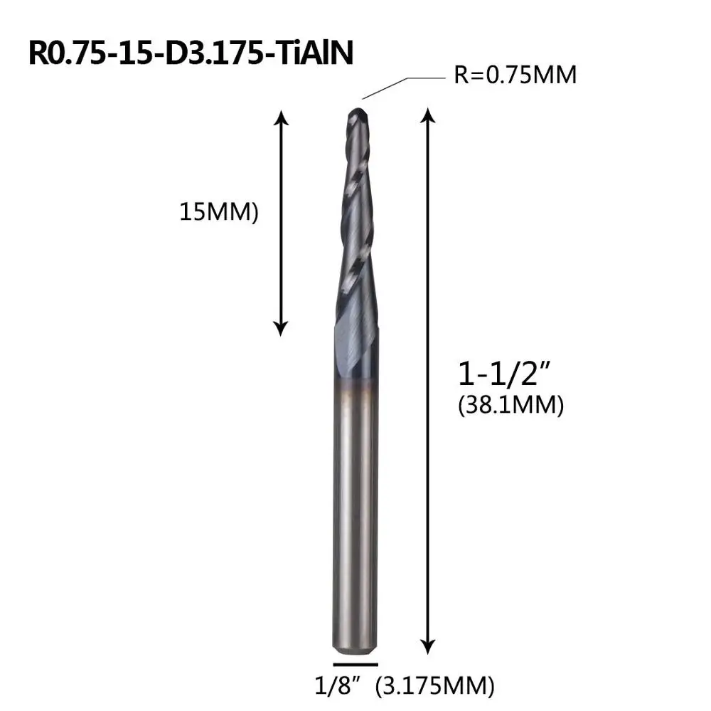 Карбид вольфрама 4 мм 6 мм 8 мм конические концевые фрезы с шариковым носом Фрезы с ЧПУ конусные фрезы для дерева и металла - Длина режущей кромки: R0.75-15-D3.1-TiAlN