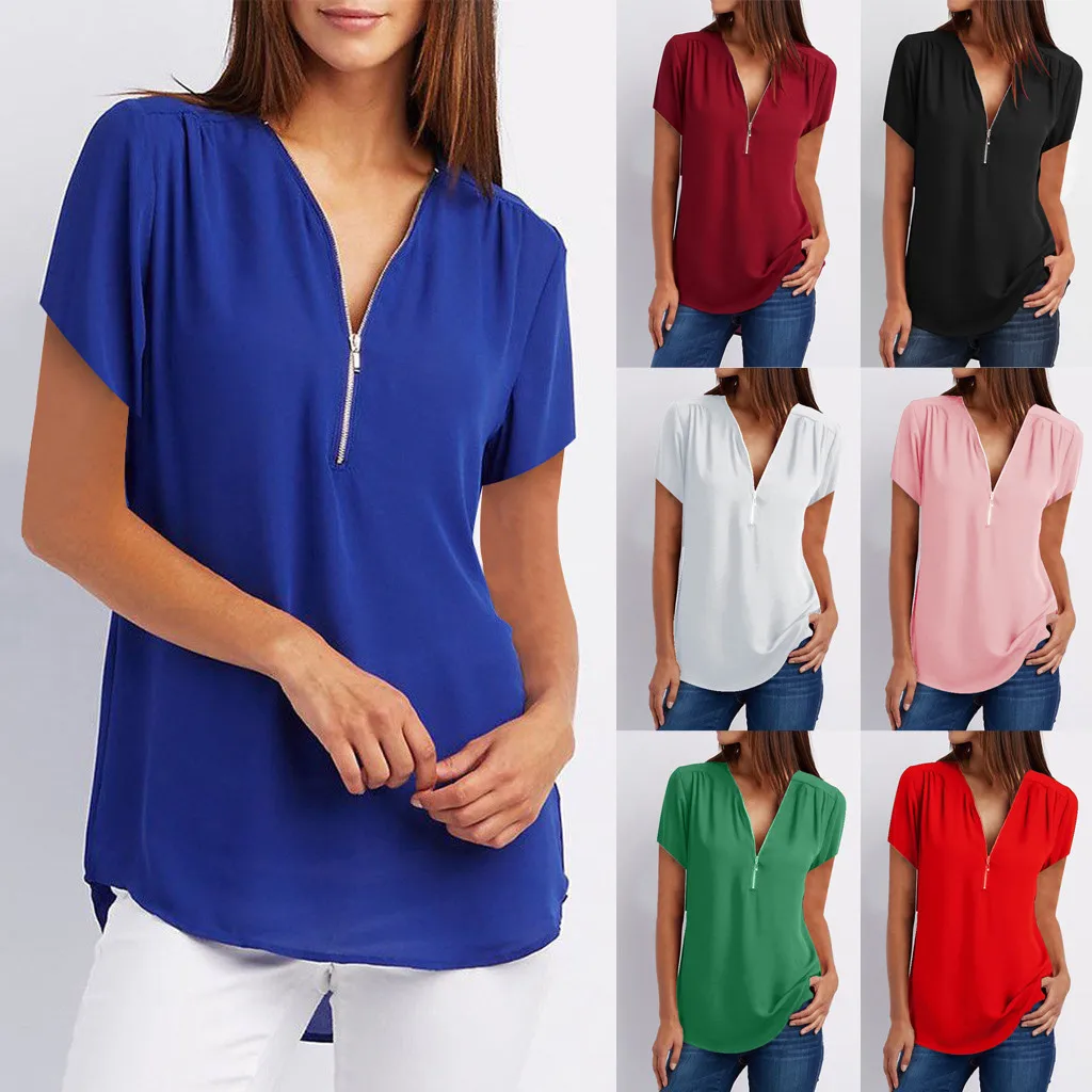 

2019 Fashion Women Plus Size Summer tshirt Casual Tops V Neck Zipper Loose T-shirt Tee Top t shirt Women Clothes(S-5XL)
