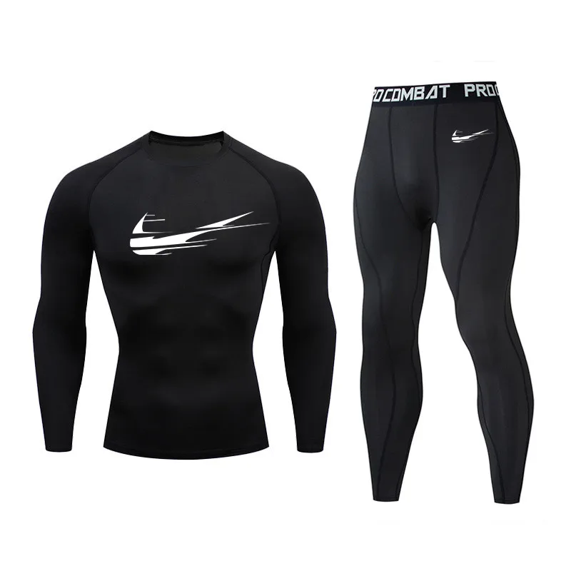 

Men's T-shirt running sportswear sports suit long T-shirt pants gym fitness muscles tightening clothes 2 sets / sets of men MMA