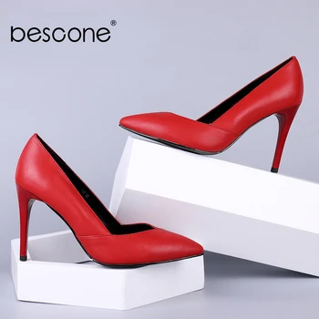 

BESCONE Red Wedding Pumps Hot Sale Supper High Thin Heels Pointed Toe Sexy Female Shoes Quality Genuine Leather Lady Pumps A45