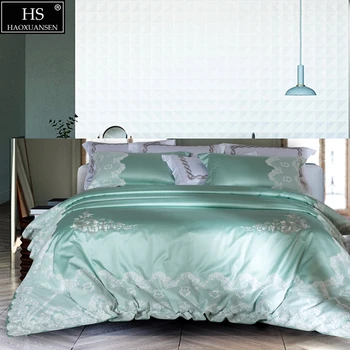 

4pcs Bedding Sets Egyptian Cotton Queen King Size Bed Sheet Duvet Cover Pillowcase Lace Design Princess Goddess Style Lake blue
