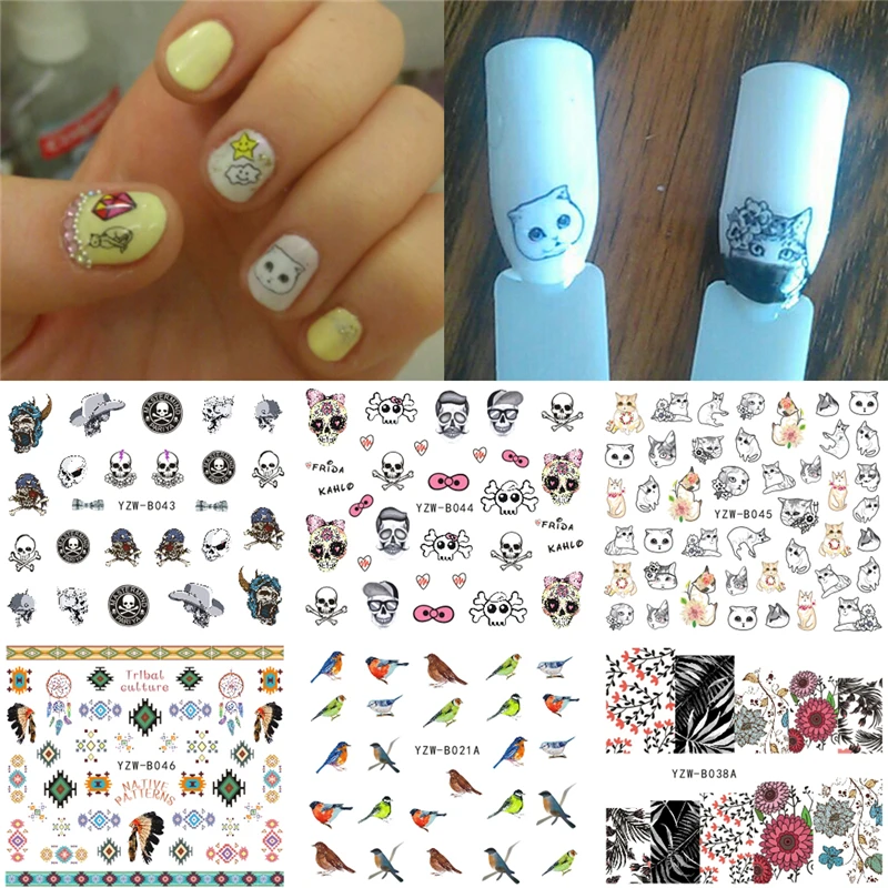 

6 Sheets Nail Decal Decor Harajuku Element Cats Halloween Skull Bird Flower etc Designs Water Transfer Nails Art Sticker