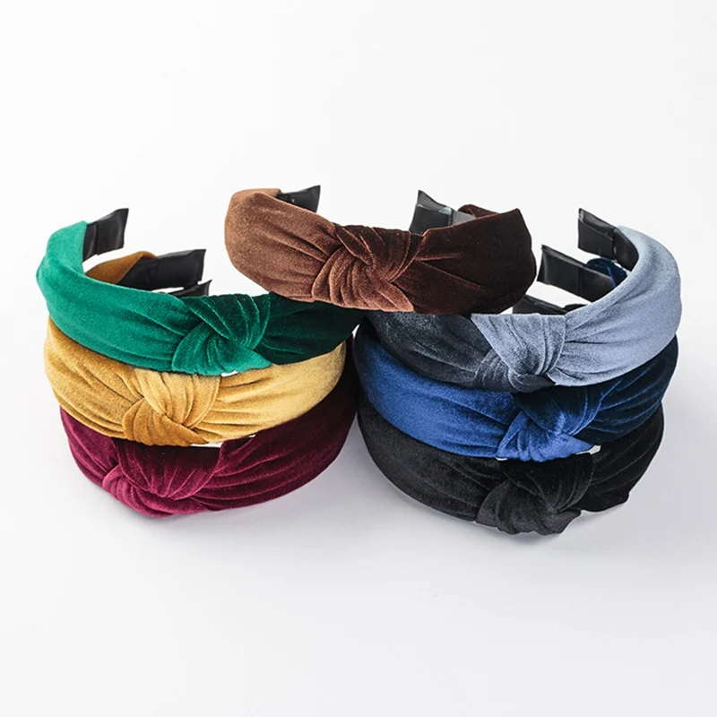 

Lovely Autumn Winter Knotted Headbands Women Vintage Velvet Hair Accessories Solid Turban Elastic Hairband Head Hoop