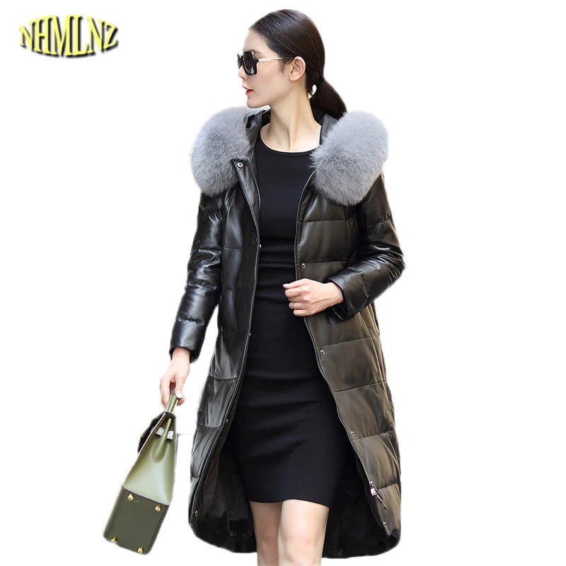 New Winter Women Jacket European style Hooded Warm Sheepskin coat Large size Slim Long section Female genuine leather coat WK272