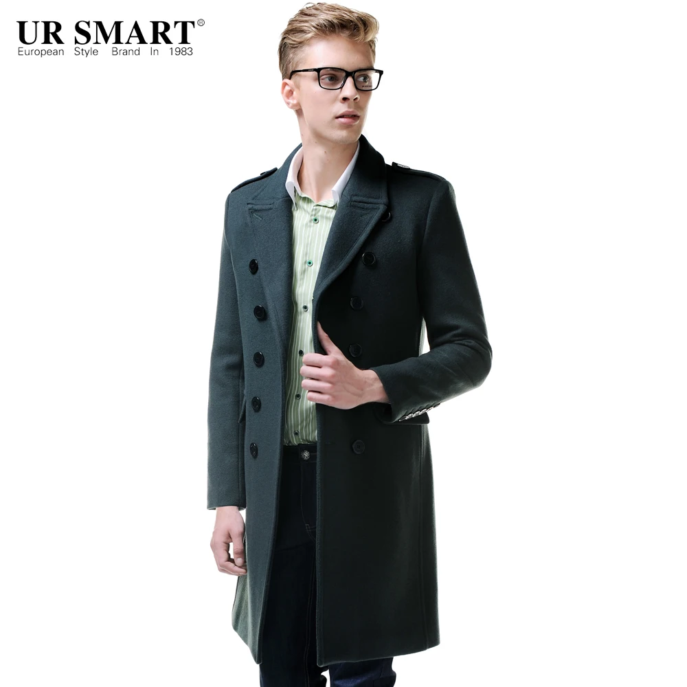 URSMART Новое мужское шерстяное пальто модное зеленое двубортное пальто с павлином