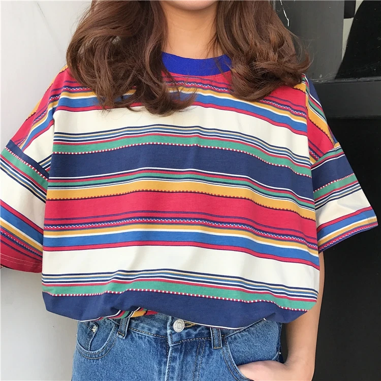 

Women's T-shirts Japan Harajuku Splicing Patchwork Striped Shirt Summer Students Casual Female Korean Kawaii Tops For Women