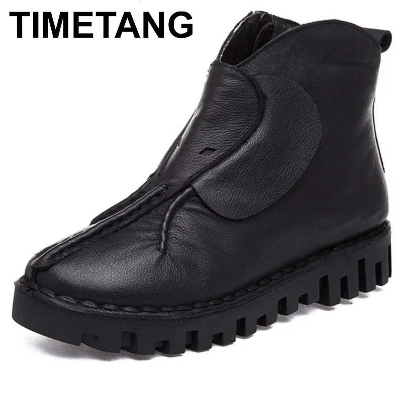

TIMETANG Women Genuine Leather Mar Boots Autumn Winter Flats Ankle Boots Women Warm Platform Shoes Black Botas Feminina