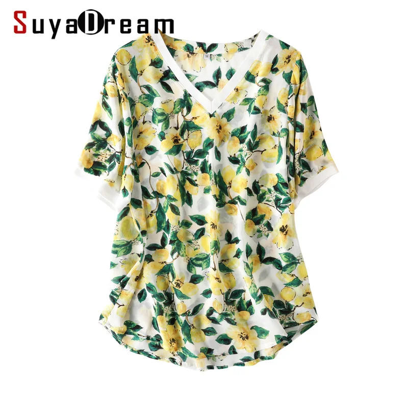 

Women Silk Shirt 100%Silk Crepe Floral Printed T shirt Short Sleeved V neck Silk Top 2019 New Summer Print Shirt Yellow