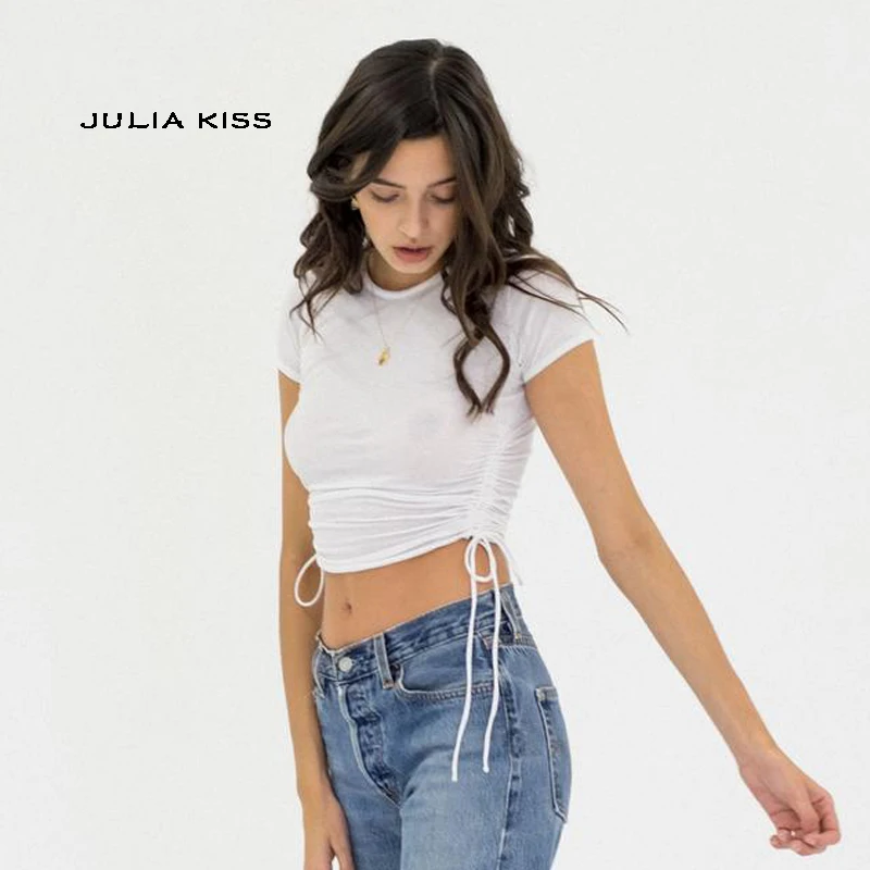 

Women Shirred Drawstring Side Ribbed Tee
