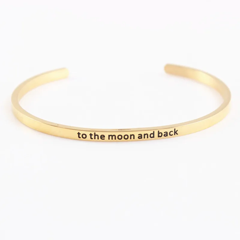

To the moon and back 316L Stainless Steel Engraved Positive Inspirational Quote Cuff bracelet Women's Jewelry Gold Mantra Bangle