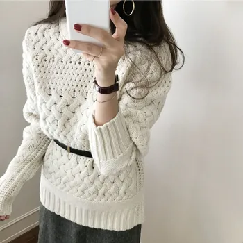 

Autumn Winter Knit Sweater Woman Vintage Hollow Out Crochet Twisted Sweater Knitted Pullover Jumpers Ladies