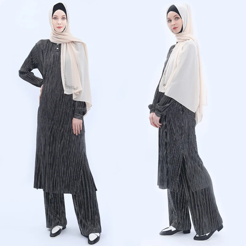 

Muslim Abaya Pleated Sets Two Pieces Set Blouse Tops+Long Pants Maxi Dress Long Robe Kimono Arab Ramadan Islamic Prayer Clothing