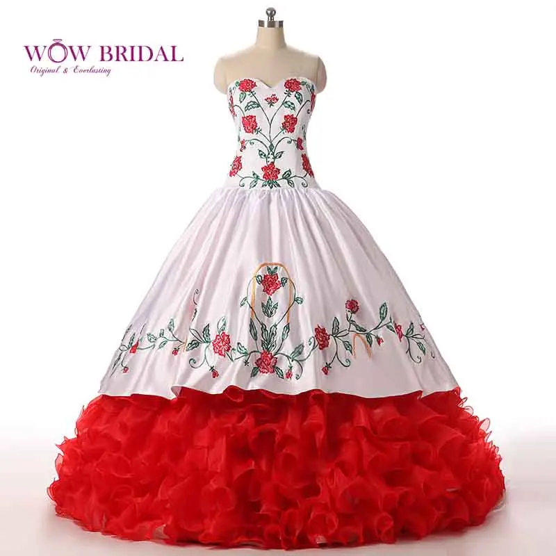 Wowbridal роскошный белый красный Вышивка Quinceanera платье бальное платье оборками из органзы Слои сладкий 16 платье Vestido De 15