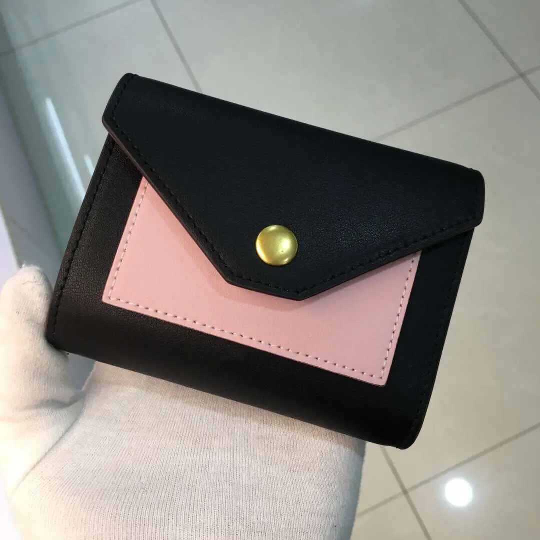 Color matching envelope wallet short three fold ladies wallet color matching color short leather leather small handbag new