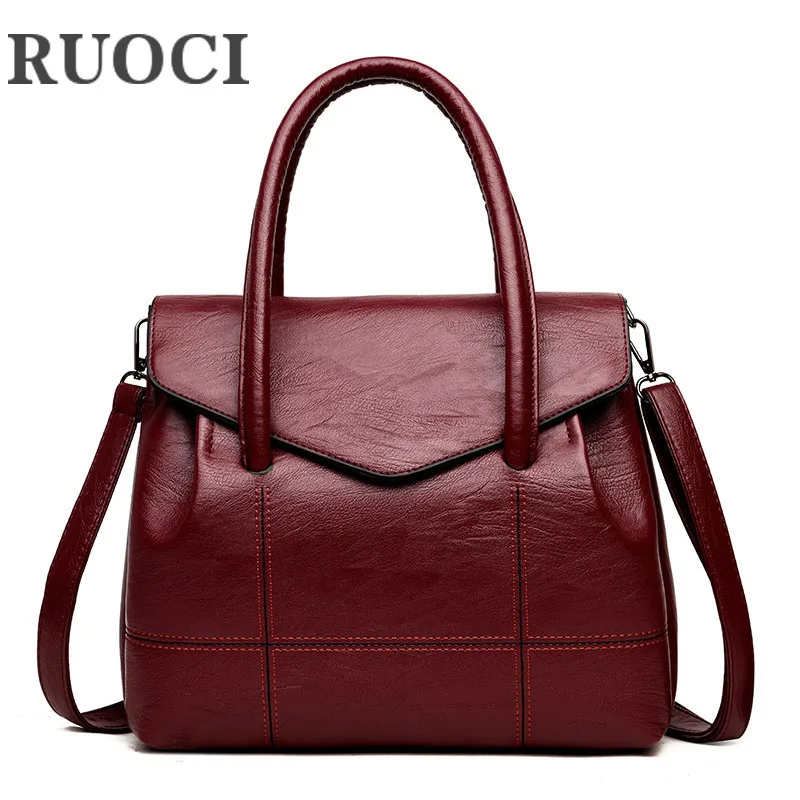 RUOCI Vintage Solid PU Leather Casual Tote Women Handbags Large
