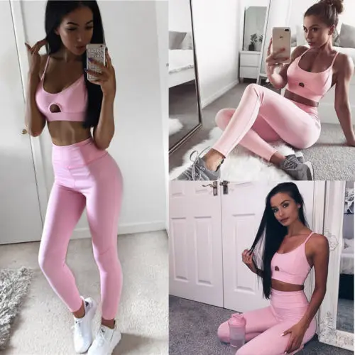 

2018 Pink Hollow Women Elastic Suit Fitness Clothing Workout Wear Tank Top Pant Outfit Set