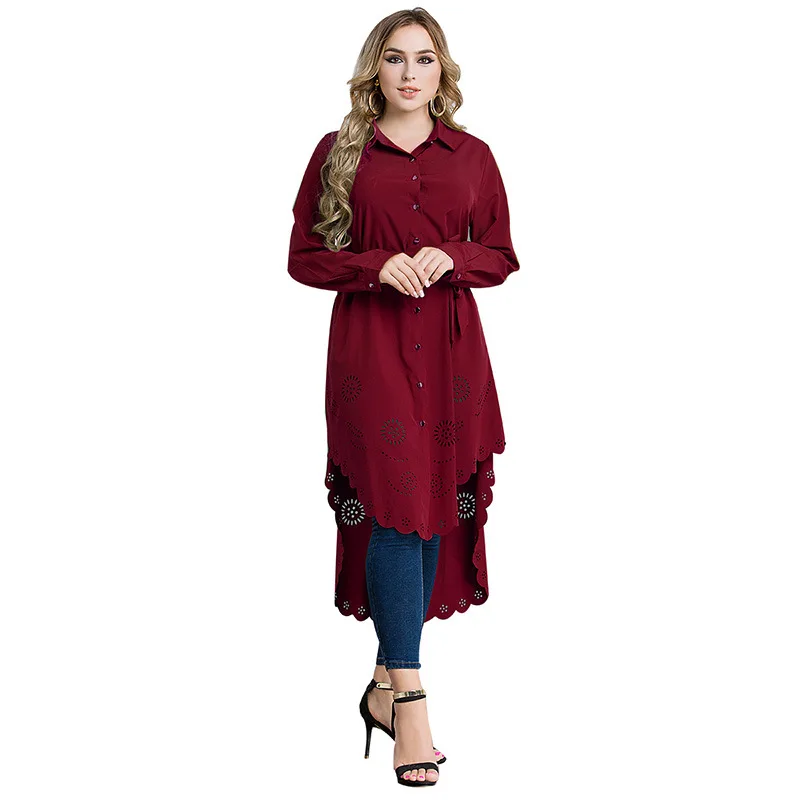 

Women Tops Chemise longue femme musulmane Turn-Down Collar Hollow Out Plus Size 6XL Ropa Musulmana Mujer Indonesia Clothing