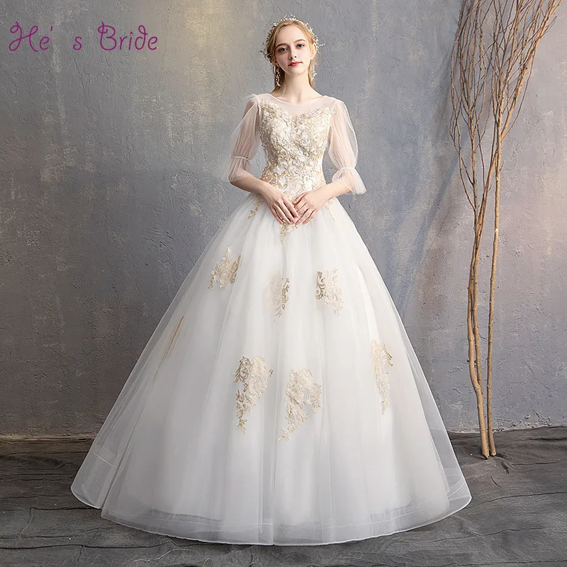 

He's Bride White Lace Lantern Sleeve Lace Up Back Floor-Length Ball Gown Luxury Wedding Dress Vestido De Novia