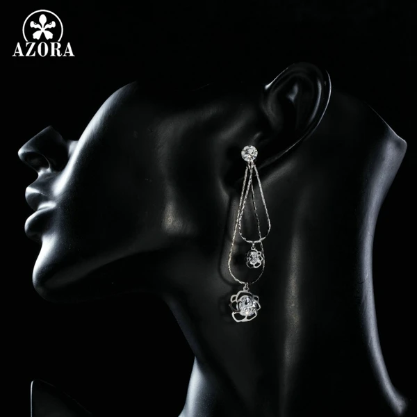 AZORA Double Flower Swing Polished Stellux Austrian Crystal Drop Earrings TE0168