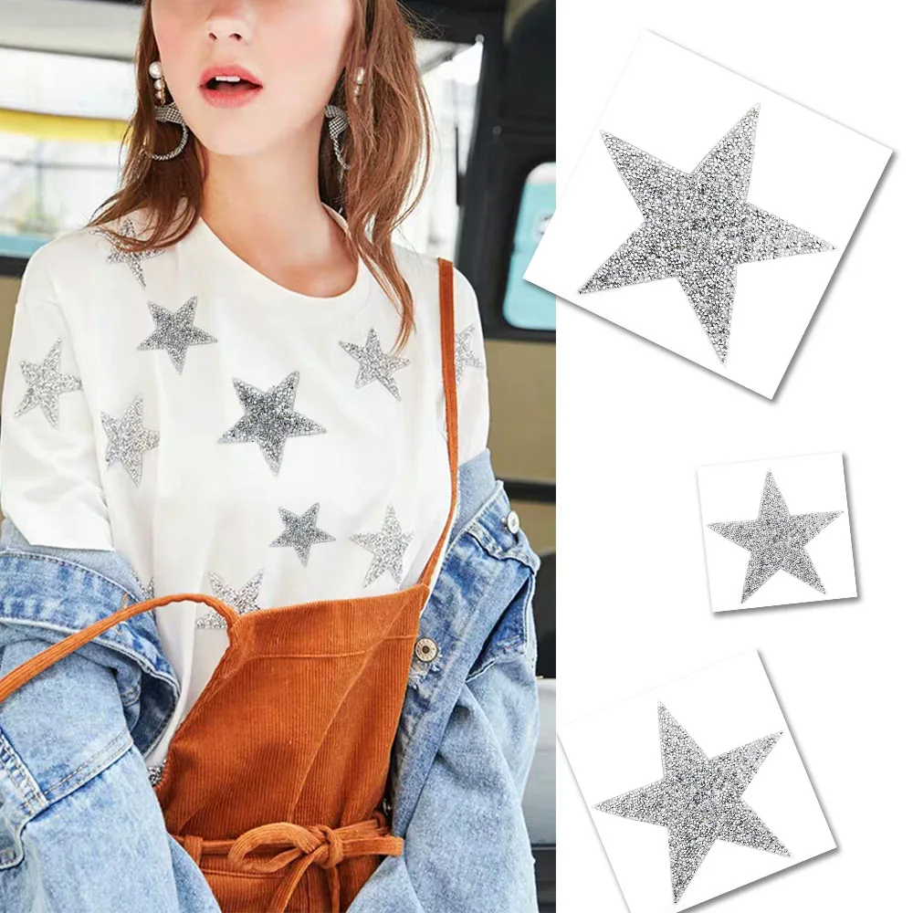 1Pcs Star Rhinestone Patches Pentagram Stickers For Clothes With Iron Sewing Sequin Embroidered Patches For T-shirt DIY