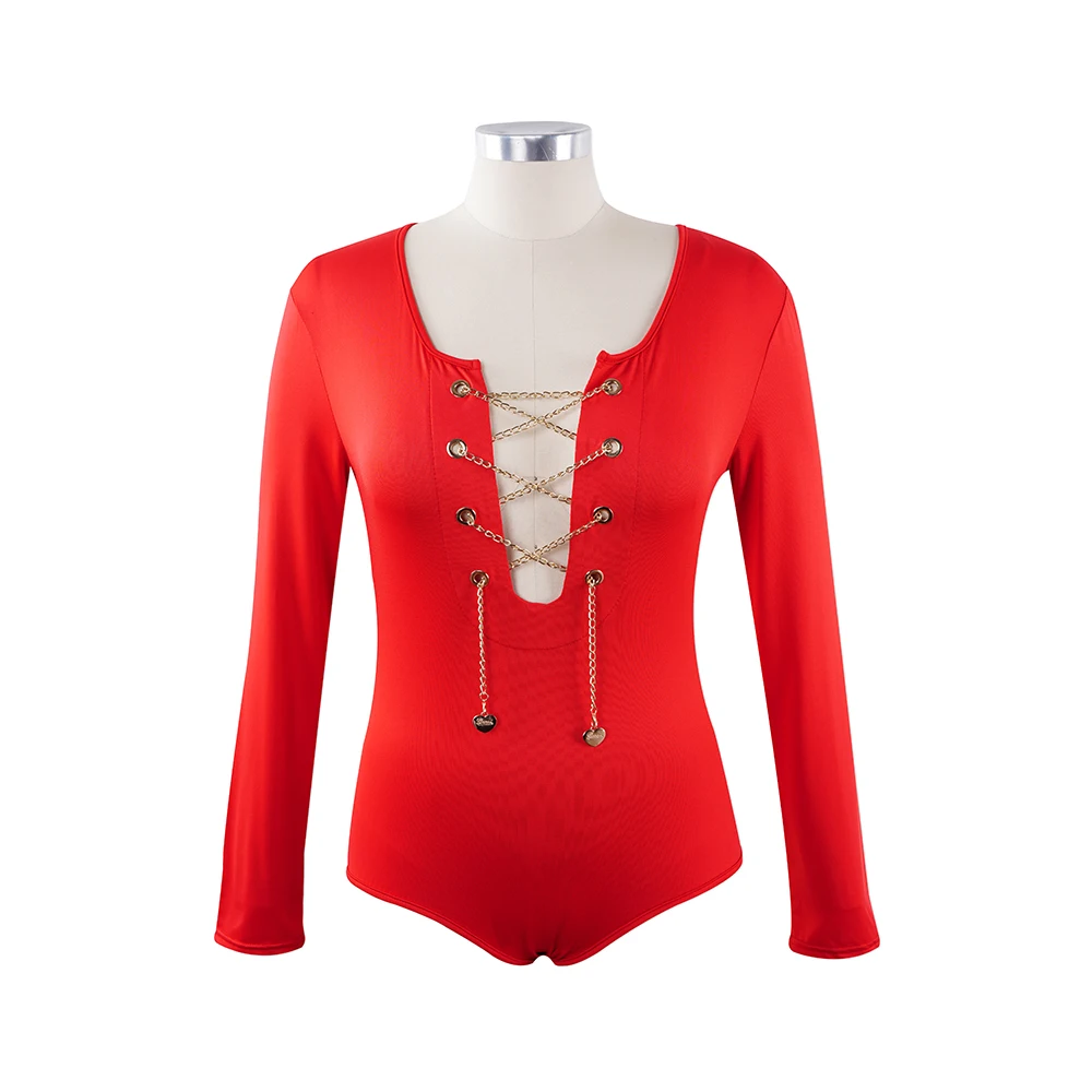 Однотонный красный сексуальный комбинезон женский с металлической цепочкой
