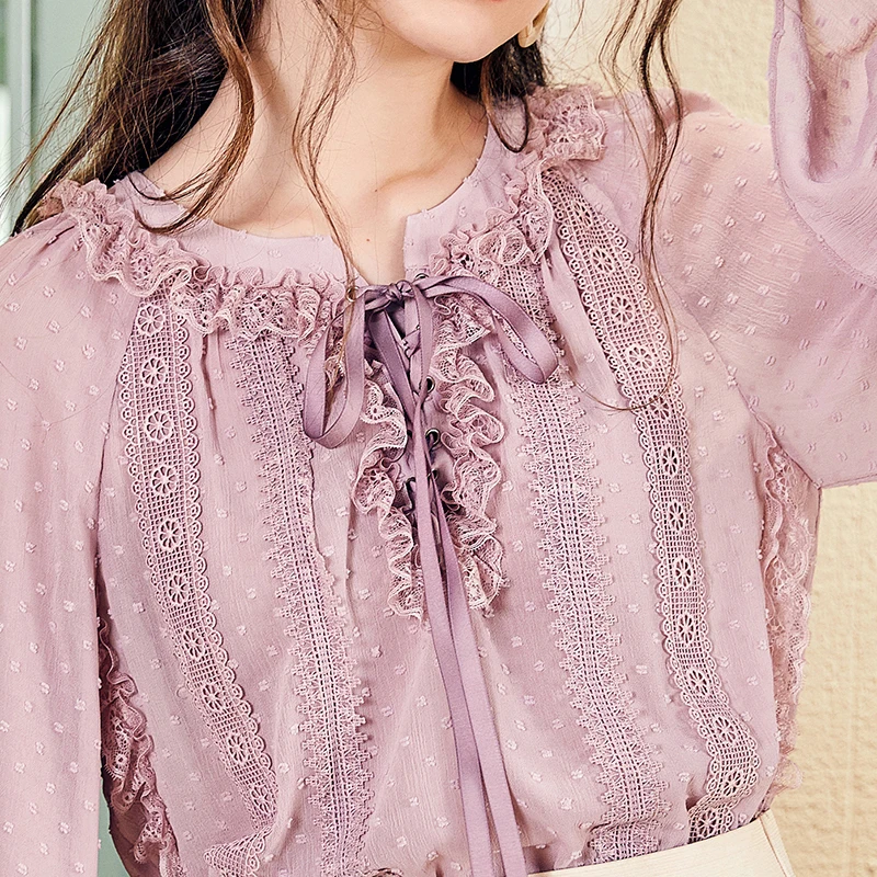 Cordon Femmes À Automne Mousseline Volants Arrondi Soie De Dentelle Élégant Manches Sa15081q Col Nouvelles Chemise Perspective Couture Lavande En Artka 2018 5qIAwtxSY