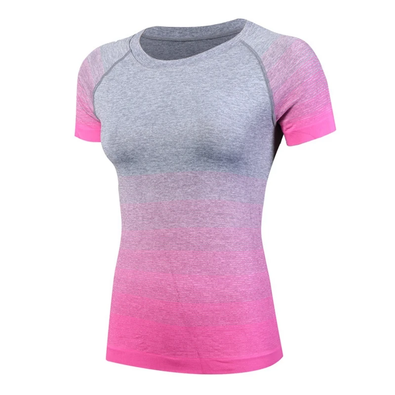 Женская быстросохнущая спортивная рубашка для тренировок, бега, спортзала, фитнеса, йоги, топ-градиент, футболка с коротким рукавом