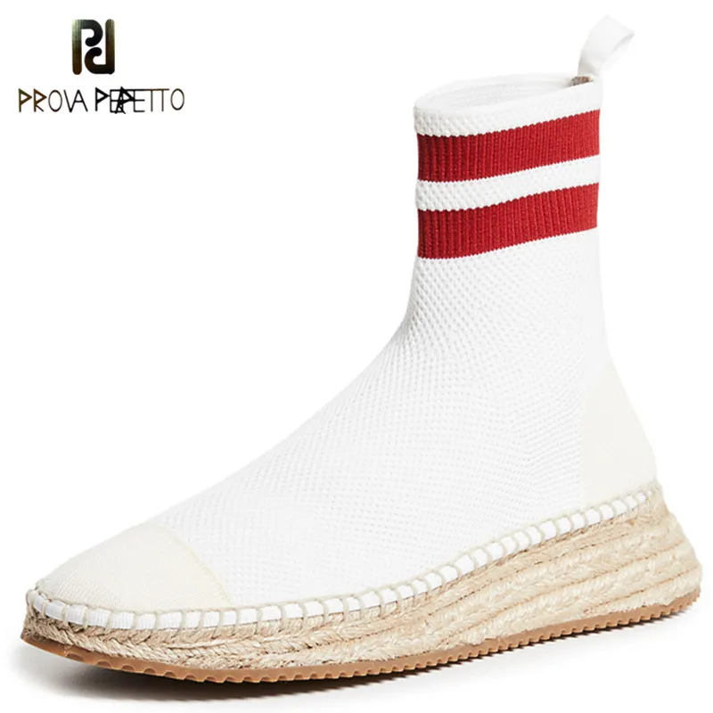 

Prova Perfetto 2018 Newest Knit Sock Boots Woman Round Toe Platform Flats Short Boots Women Stretch Ankle Boots Fisherman Shoes