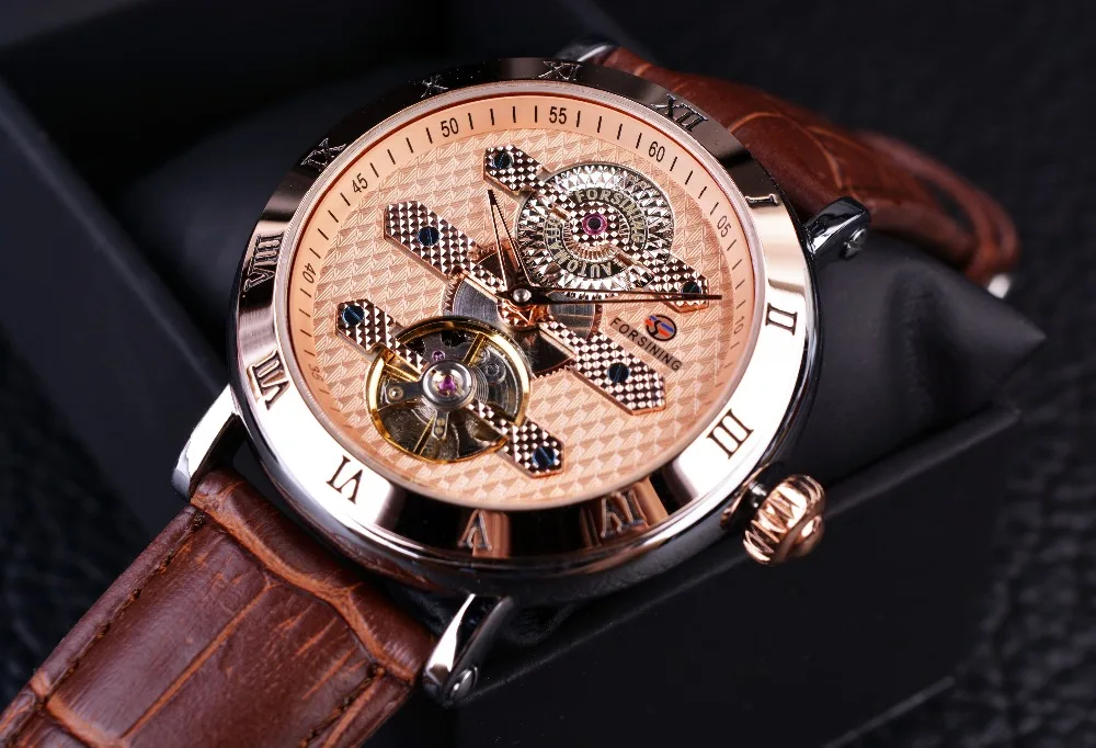 Forsining Tourbillion неясные дизайнерские розовые золотые элегантные ретро Дизайнерские мужские часы лучший бренд Роскошные автоматические часы
