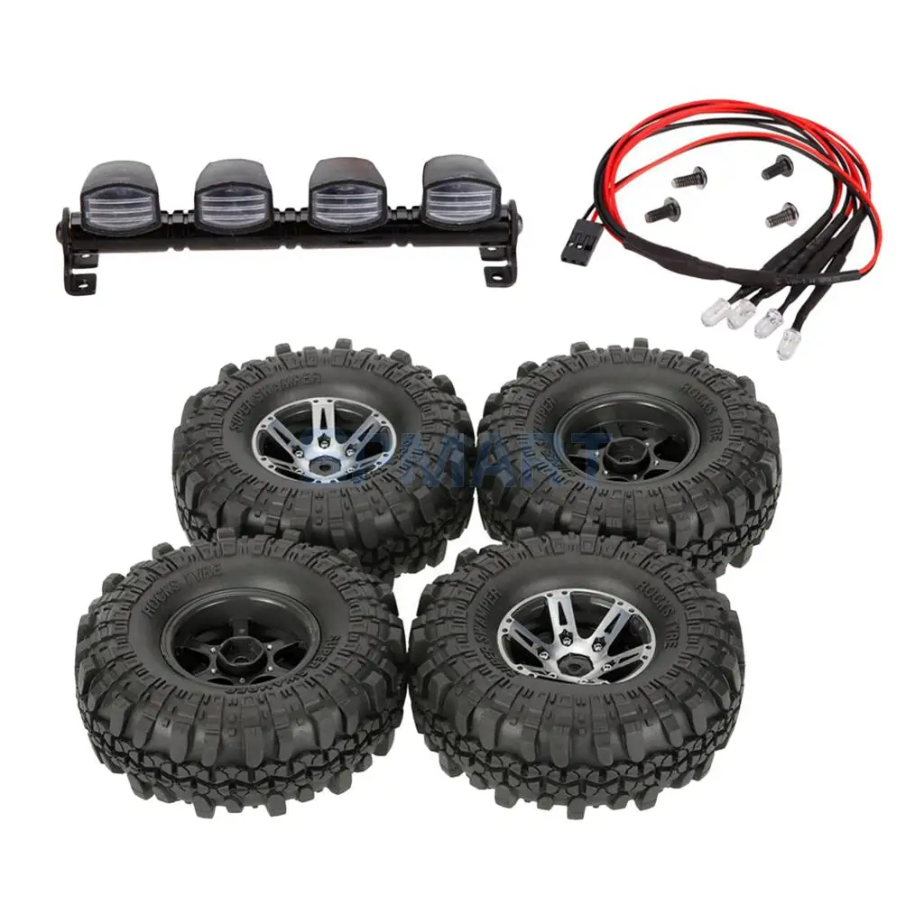 

1 Set LED Roof Light Lamp + 4x Tyres Tires Wheels for 1:10 Axial Traxxas HSP SCX10 CC01 D90 D110 RC Climbing Car Parts