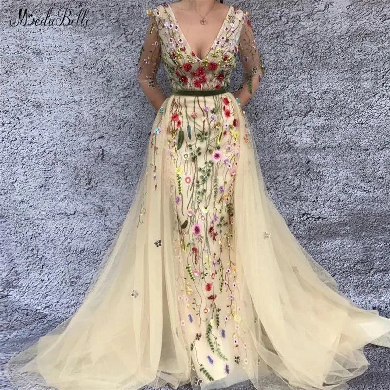 

modabelle Long Sleeve African Evening Dress 2019 Abendkleider Dubai V-neck 3D Flowers Floral Prom Dress Abendkleider Langarm