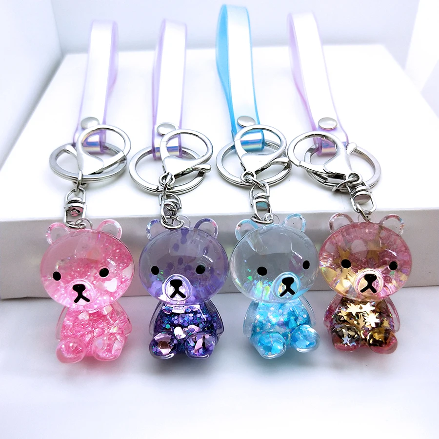 

Cartoon Bear Acrylic Key Chain Move Glitter Quicksand Key Fob Liquid Keyring Backpack Pendant Couples Women Men Gift Keychain