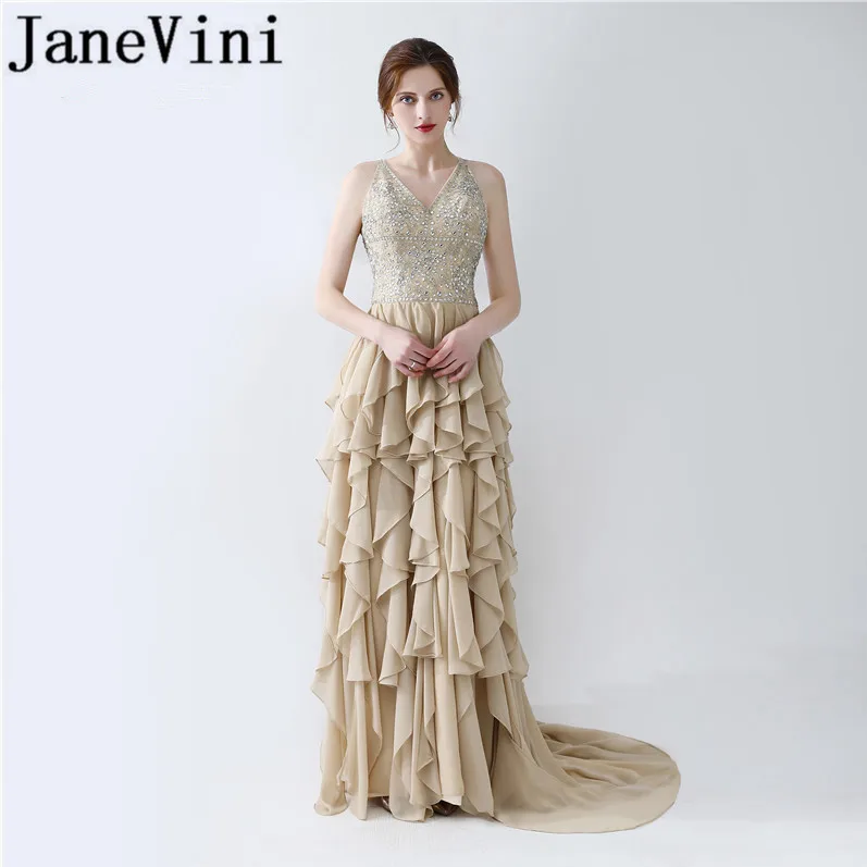 

JaneVini Chic Beads Sequins Evening Dresses A Line Ruffles Sexy Backless Chiffon Sweep Train Mother of the Bride Dress Plus Size