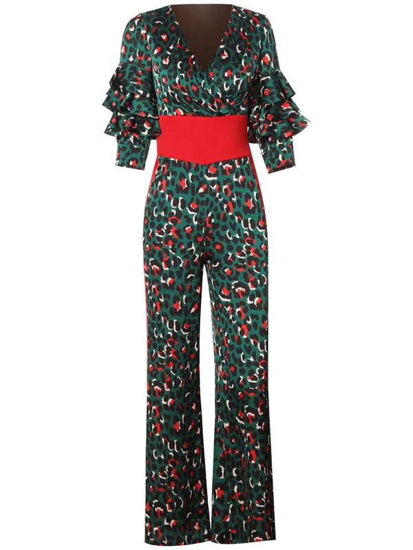 Green Leopard Print Jumpsuit Spring Autumn Elegant Women V-Neck Wide Legs Loose Jumpsuit OL Casual Wear C1759