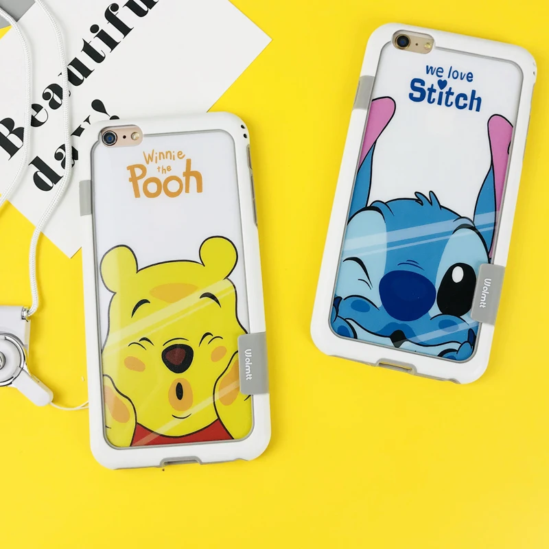 For iPhone 8/7 plus Stitch back and front tempered glass film cartoon Mickey Winnie for iPhone 6 6s 5 SE shockproof bumper+strap