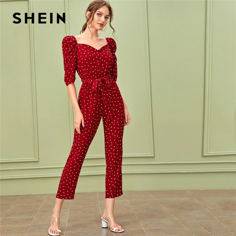 Элегантный комбинезон SHEIN с вырезом сердечком и пышными рукавами поясом женские
