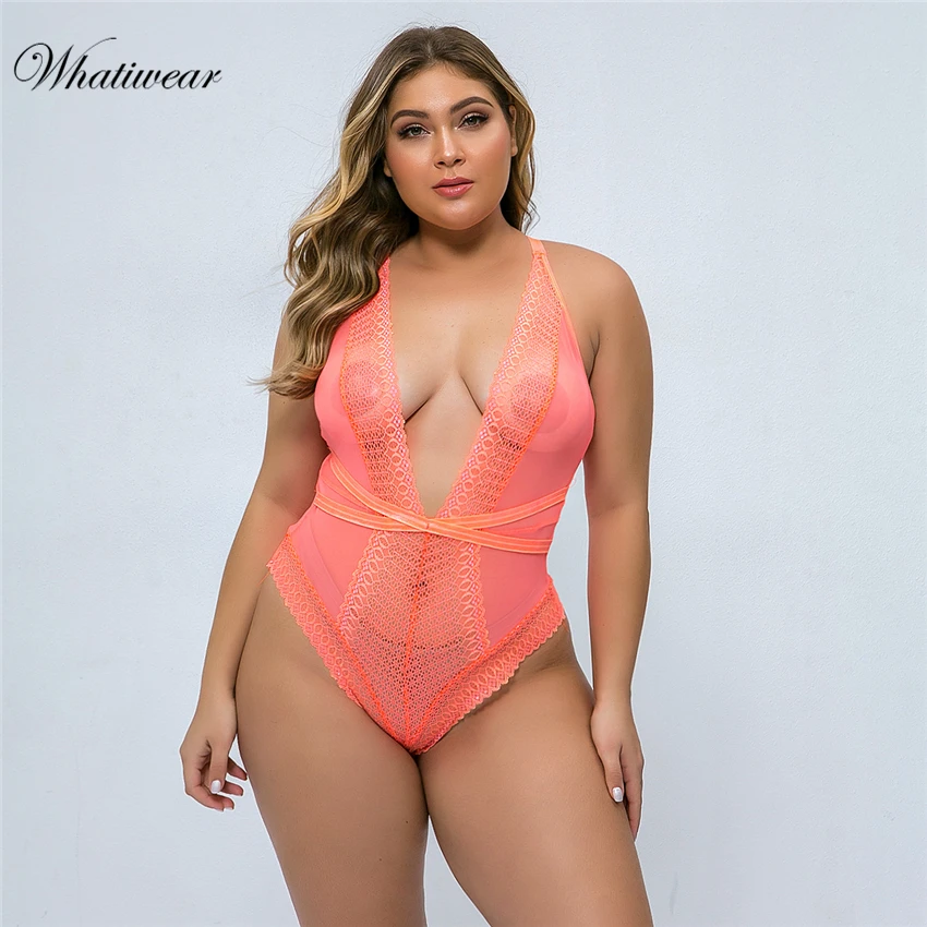 Whatiwear Plus Size Deep V Neck lace bodysuit transparent female body hot sexy teddies 2019 jumpsuits women deep V mesh Bodysuit Whatiwear Plus Size Deep V Neck lace bodysuit transparent female body hot sexy teddies 2019 jumpsuits women deep V mesh Bodysuit