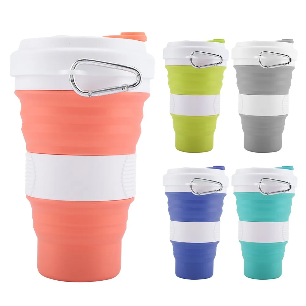 

550ml Folding Silicone 5 color Portable Silicone Telescopic Drinking Collapsible coffee cup folding silica cup with Lids Travel