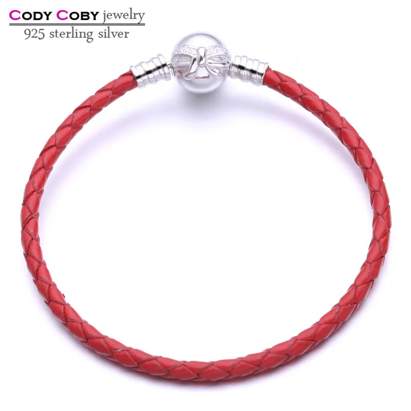 

Real Red Leather Snake Chain Bracelet with 925 Sterling Silver Bow Clasp Knot Charm Bracelets For Women Men Original DIY Jewelry