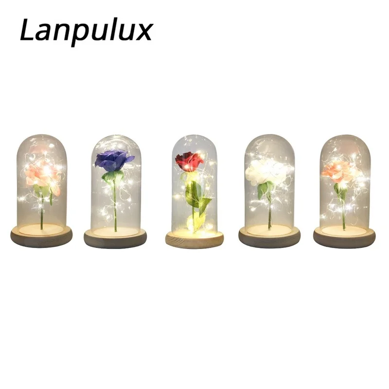 

Lanpulux Glass Bottles Flower Night Light Romantic Rose Light Fixtures 20cm Height Bedside Home Decoration Valentine's Day Gifts