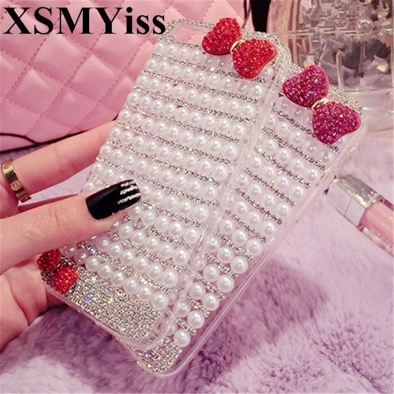 

XSMYiss For iphones X XS MAX XR 5S 6S 7 8 PLUS Glitter Pearl Rhinestone Bow Phone case Shine Soft Rubber Diamond Back Cover