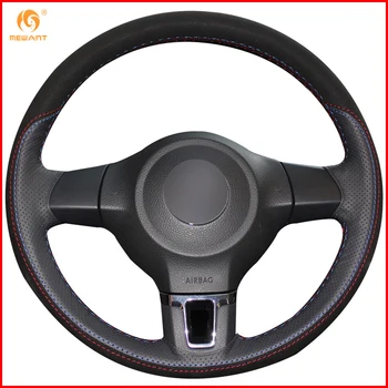 

MEWANT Black Genuine Leather Black Suede Car Steering Wheel Cover for Volkswagen Golf 6 Mk6 VW Polo MK5 2010-2013 Accessories